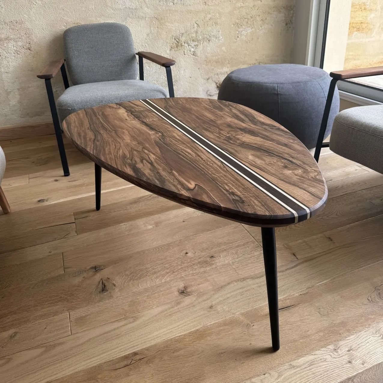 Table basse galet bois massif noyer signature wenge 2