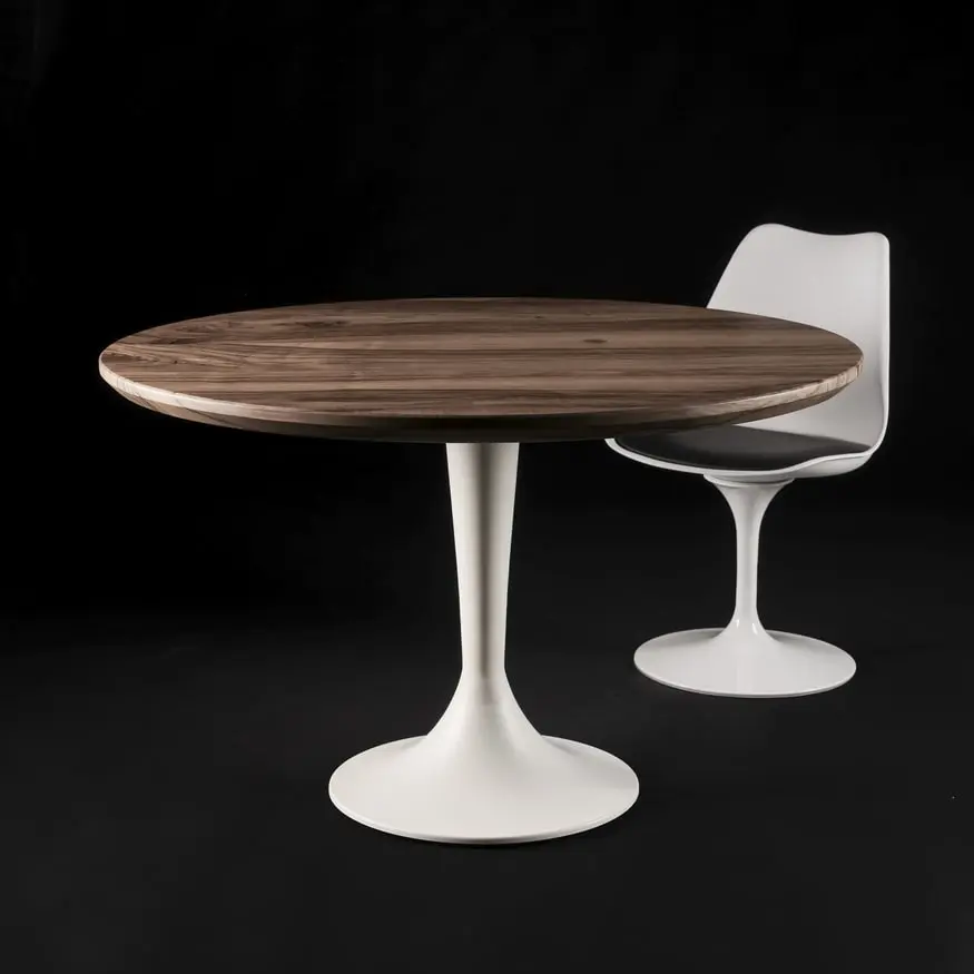 Table ronde à manger bois massif noyer pied tulipe blanc mini