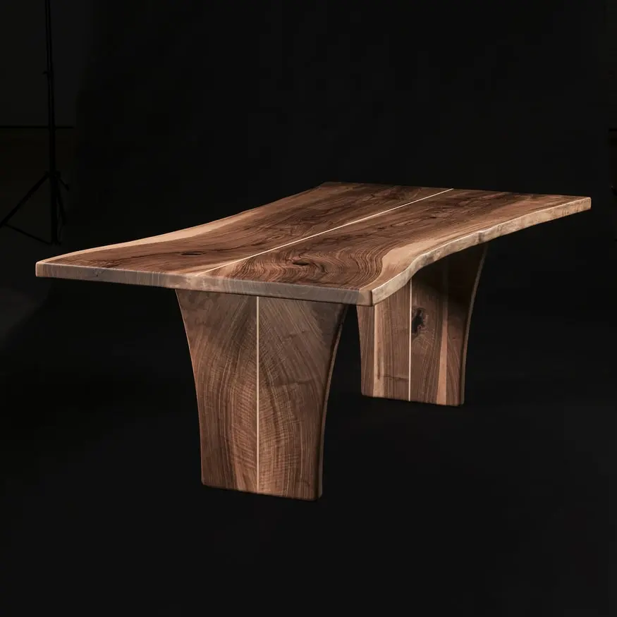 Table à manger bois massif noyer bords bruts pieds design signature érable mini