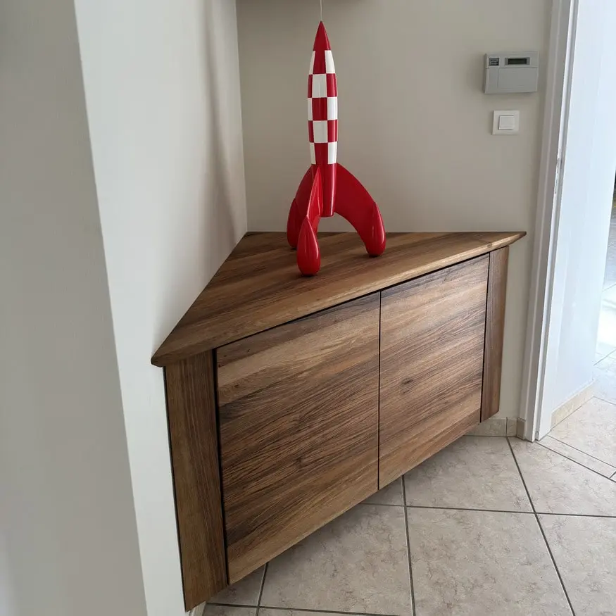 Buffet commode meuble d'angle bois massif noyer push to open avec étagères mini